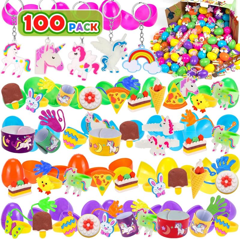 Photo 1 of 100 Pack Prefilled Easter Eggs with Toys and Unicorn Inside, 2 3/8in ,Plastic for Easter Theme Party Favor, Eggs Hunt, Basket Stuffers Fillers
