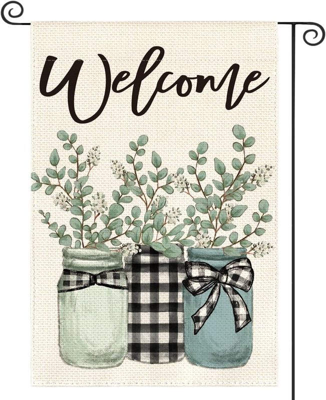 Photo 1 of AVOIN colorlife Eucalyptus Mason Jar Spring Summer Garden Flag 12x18 Inch Double Sided Outside, Buffalo Plaid Welcome Yard Outdoor Flag