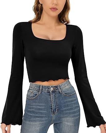 Photo 1 of CLOZOZ Crop Tops for Women Square Neck Long Bell Sleeve Tops Lettuce Trim Crop Top Slim Fitted Blouse Sexy Tops for Women Size Small