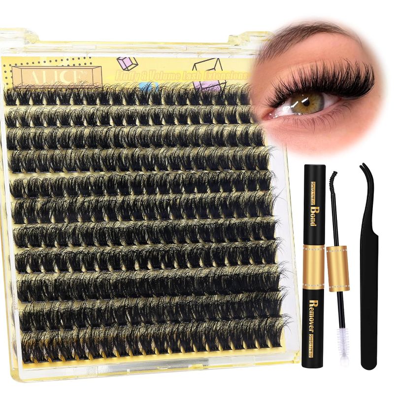 Photo 1 of ALICE Fluffy Lash Clusters Kit Lash Extension Kit Thick 3D Wispy DIY Eyelash Extension Kit with 220Pcs Mink Look Individual Lashes, Lash Bond and Remover,Tweezers