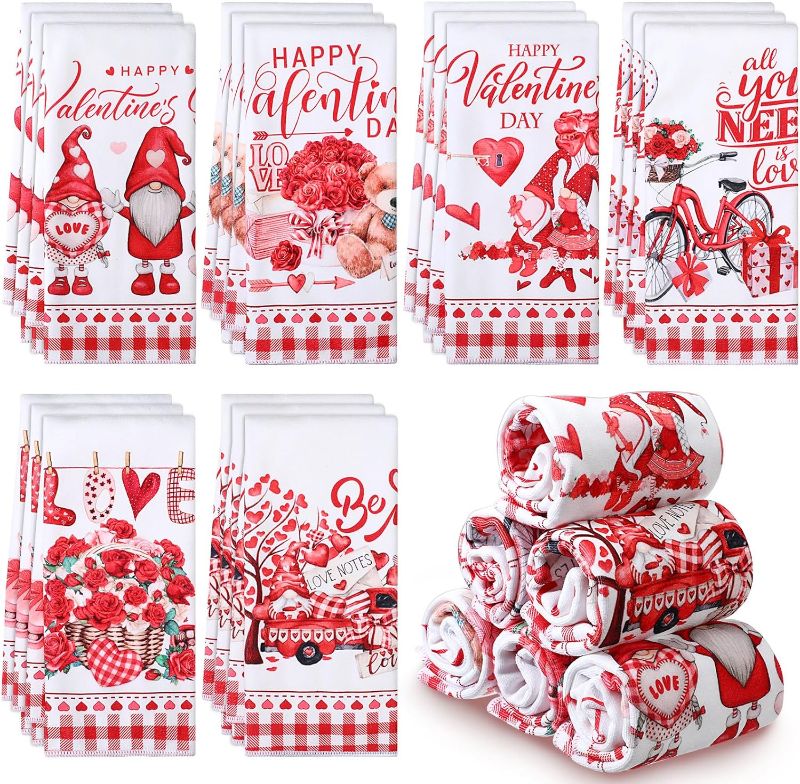 Photo 1 of 18 Pcs Valentine's Day Kitchen Towels 16 x 24 Inch Dish Towel Gnome Red Heart Love Truck Bicycle Rose Decorative Microfiber Hand Towels Plaid Valentine Tea Towel Housewarming Gifts