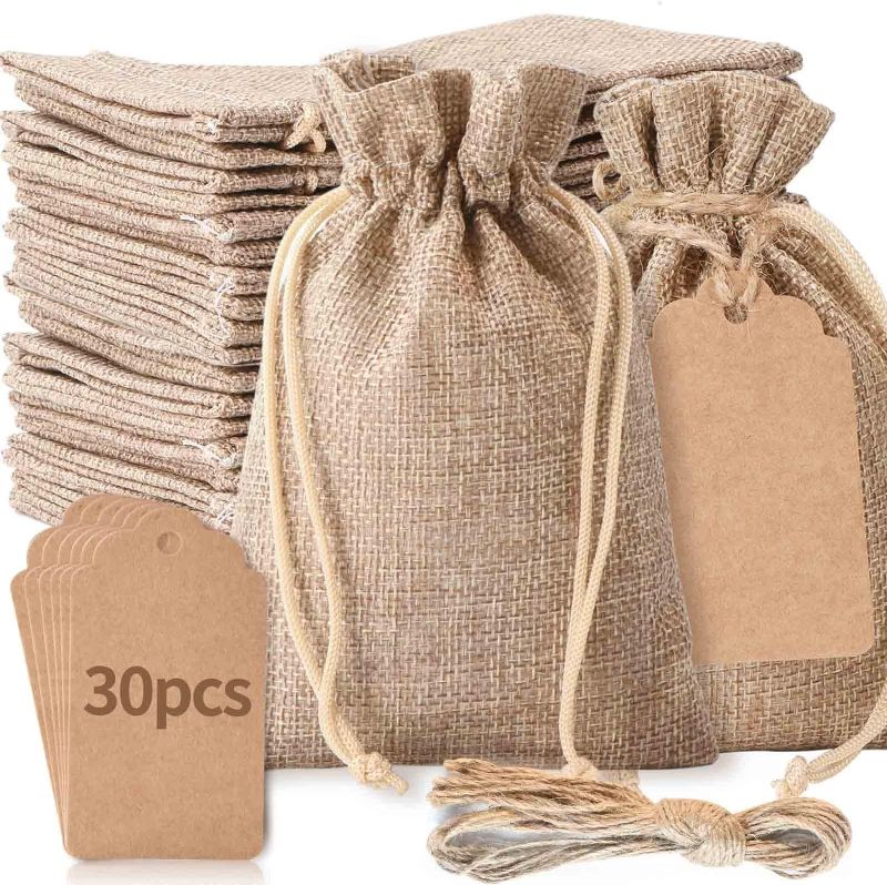 Photo 1 of 30Pcs Burlap Gift Bags and 30Pcs Gift Tags, 4"x 6" Burlap Bags with Drawstring, Wedding Hessian Linen Sacks Bag, Jewelry Pouches Burlap Bags, Gift Bags for Birthday, Party, Present, Wedding Favors, Art and DIY Craft
