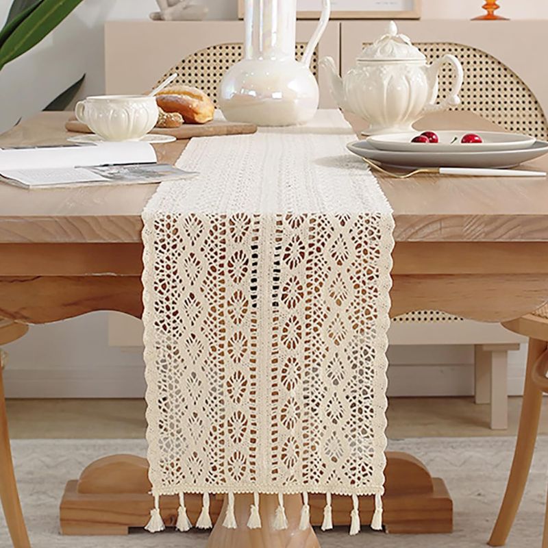 Photo 1 of 3 Pcs 70'' Wedding LED Macrame Table Runner Farmhouse Rustic Table Runner with Tassels Lighted Fabric Tablecloth Rectangle Table Cover for Wedding Dining Bridal Shower