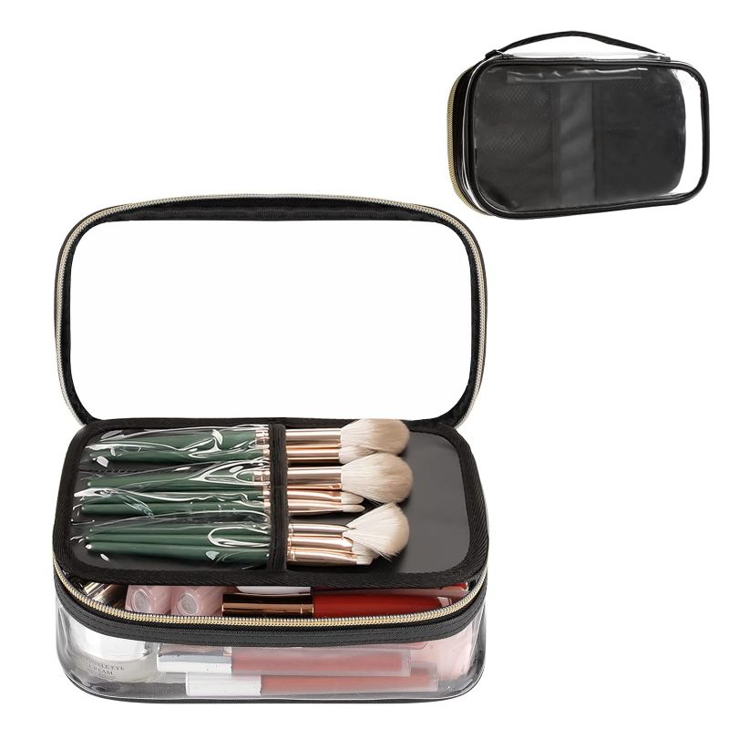 Photo 1 of OCHEAL Clear Makeup Bag, Portable Makeup Storage Organizer Cosmetic Bag, Travel Makeup Bag Cute Clear Pouch For Women and Girls Cosmetics Bags with Divider Makeup Brush Compartment-Black Large