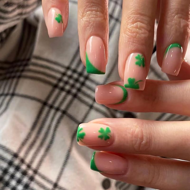 Photo 1 of St. Patrick's Day Press on Nails Medium Square Fake Nails Green Shamrocks Design Glue on Nails Glossy Acrylic False Nails Stick on Nails for Women Girls Nail Decorations 24Pcs