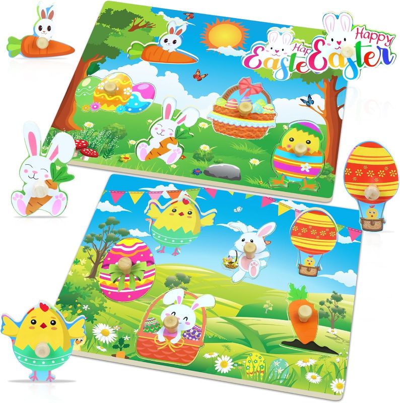 Photo 1 of 2Pack Easter Wooden Peg Puzzles, Educational Learning Puzzles Easter Toys Gifts Party Favors for Kids | Easter Basket Stuffers for Toddlers | Easter Basket Non Candy Goodies Fillers