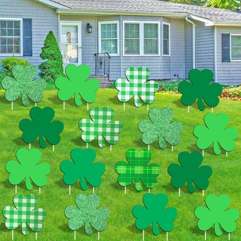 Photo 1 of 16 Pcs St. Patrick's Day Yard Signs, St. Patricks Day Yard Decorations Irish Shamrock Lawn Decorations for Saint Patty's Day Decor Outdoor Garden