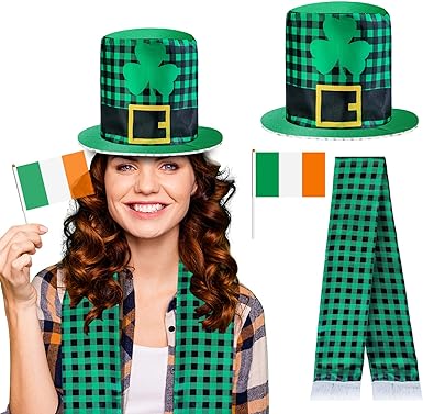 Photo 1 of 3Pcs St Patricks Day Hat Scarf and Flag Accessories Set - Party Costume Suit with Irish Green Hat and Shamrock Scarf
