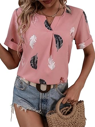 Photo 1 of LYANER Women's Casual Feather Print Notch V Neck Short Sleeve Shirt Top Blouse Pink Medium