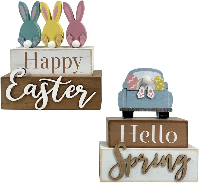 Photo 1 of 2 Pack Happy Easter Decorations Rabbit Truck Décor Spring Rustic Wooden Block Vintage Funny Bunny Home Décor Farmhouse Signs Gift for Garden Indoor Holiday