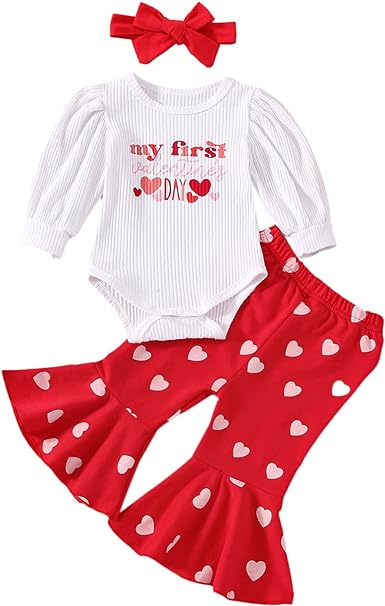 Photo 1 of Meihuida My First Valentines Day Baby Girl Outfit Long Sleeve Romper Heart Pants Headband 3Pcs Clothes Set