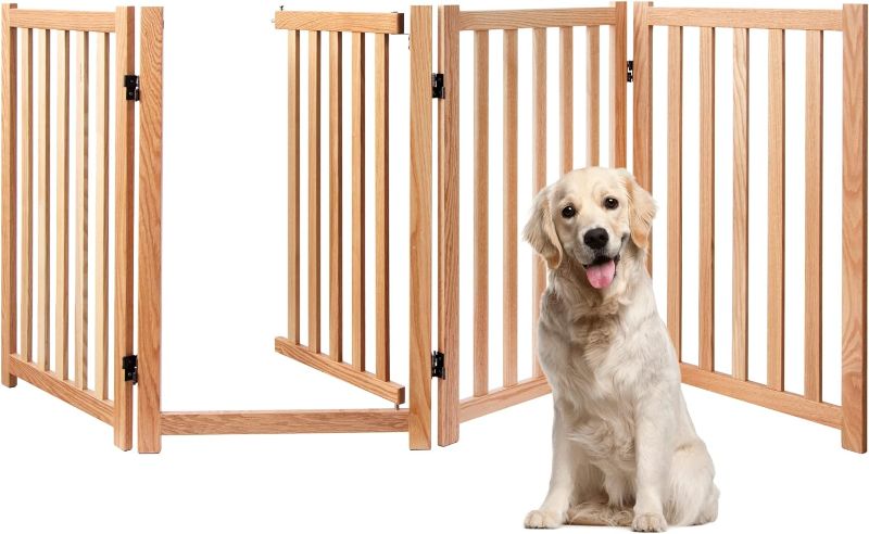 Photo 1 of Freestanding Dog Gate-32'' Tall Solid Oak Wood Pet Gate with Door Walk Through, Accordion Style Folding Fence for Stairs, Doorways, Halls & Home, Indoor Outdoor Gate Safety Fence, 4 Panels, Walnut Walnut 32"-4Panels