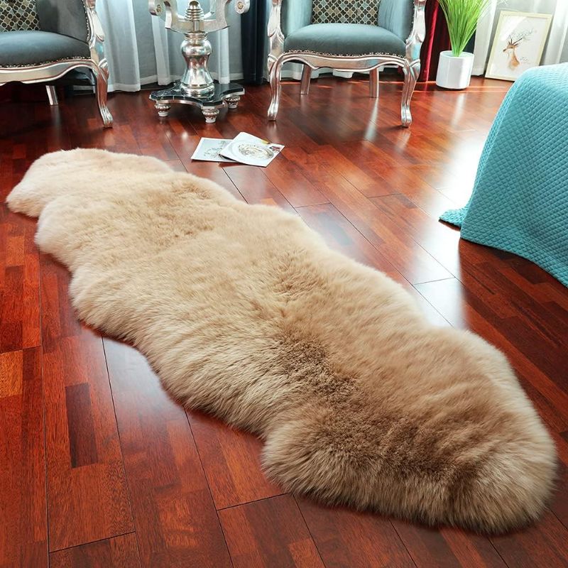 Photo 1 of LLB Genuine Sheepskin Area Rug Wool Rug Fur Carpet Fluffy Shaggy Fur Rug for Living Room Kids Bedroom Real Sheepskin Throw Lambskin Rugs Sofa Mat Chair Seat Covers (Cream Brown, 2 x 6 ft Sheepskin)