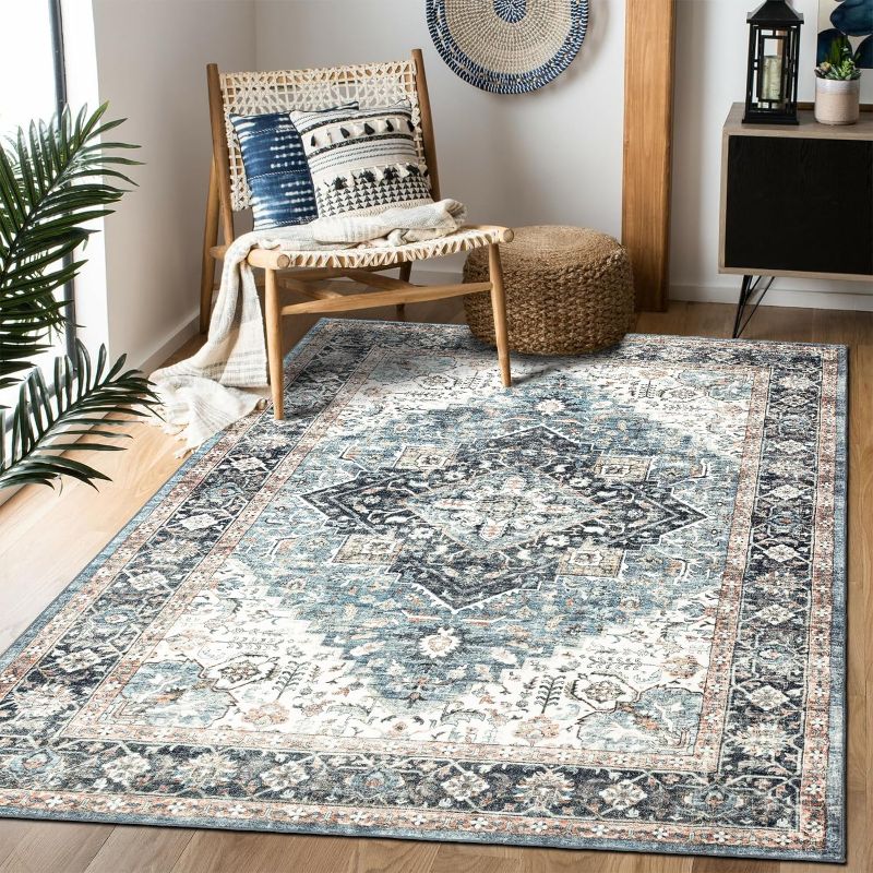 Photo 1 of Area Rug 5×7, Vintage Boho Rug,Ultra-Soft Low Pile, Washable, Non Slip,Stain Resistant Carpet for Living Room Bedrooms Playroom Office Kitchen, Navy Blue