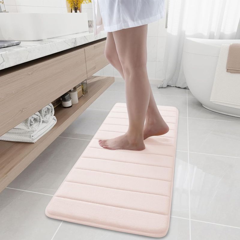 Photo 1 of Buganda Memory Foam Bath Mat Rug, 47" x 17", Ultra Soft and Non-Slip Bathroom Rugs, Water Absorbent and Machine Washable Bath Rug Runner for Bathroom, Shower, and Tub, Pink