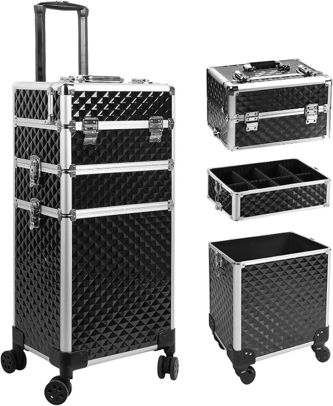 Photo 1 of  Rolling Makeup Train Case on Wheels Large Capacity Cosmetic Trolley, 3 in 1 Aluminum Salon Travel Case with Keys Traveling Cart Trunk for..