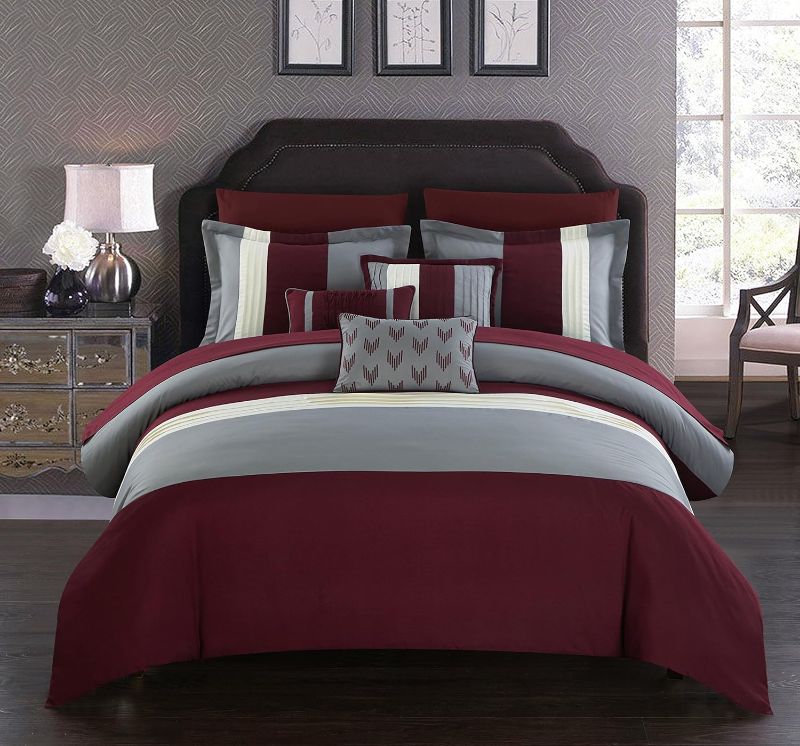 Photo 1 of Chic Home Ayelet Queen Comforter Set with Sheets 8-Piece, Colorblock Stripe Comforter Queen Size with Down Alternative Fill, Includes Sham, 3 Pillows and Bedding (Burgundy)