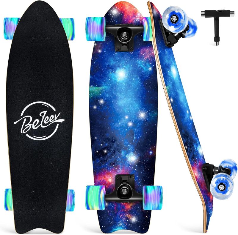 Photo 1 of BELEEV Cruiser Skateboards for Beginners, 27 x 8 inch Complete Skateboard for Kids Teens Adults, 7 Ply Canadian Maple Double Kick Deck Concave Skateboard with Skate T-Tool
