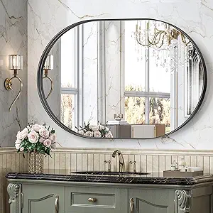 Photo 1 of Brightify Black Oval Mirror for Wall 30x42 Inch, Metal Framed Bathroom Vanity Mirrors, Modern Pill Mirror for Bedroom Living Room Wall Decor Hang Vertical and Horizontal