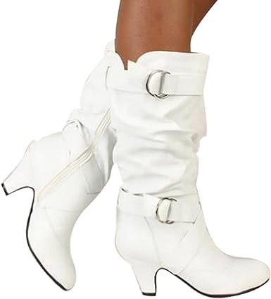 Photo 1 of Womens Mid Knee High Boots Round Toe High Chunky Heel Booties Slouchy Metal Buckle Side Zipper Fashion Winter Shoes