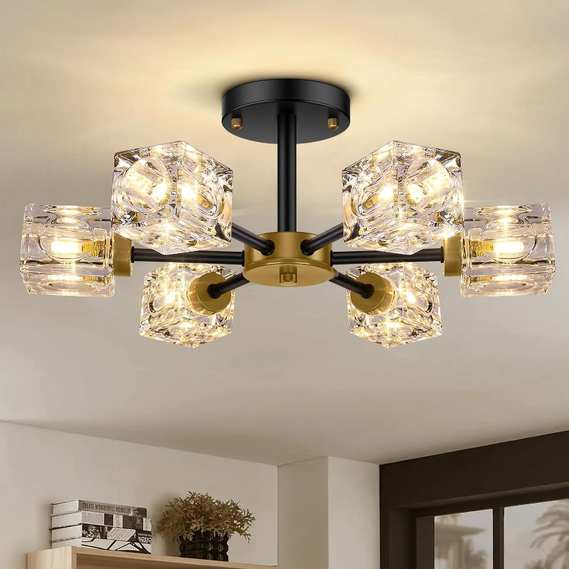 Photo 2 of 
Black Modern Chandelier, 6-Light Crystal Semi Flush Mount Ceiling Light Fixture, 17.3" Farmhouse Kitchen Pendant Light with Cube Shade, Industrial...