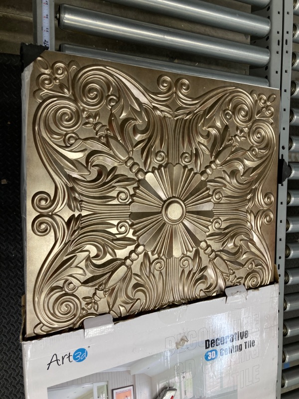 Photo 3 of Art3d Decorative Ceiling Tile 2x2 Glue up, Lay in Ceiling Tile 24x24 Pack of 12pcs Spanish Floral in Antique Gold 12 Tiles Antique Gold