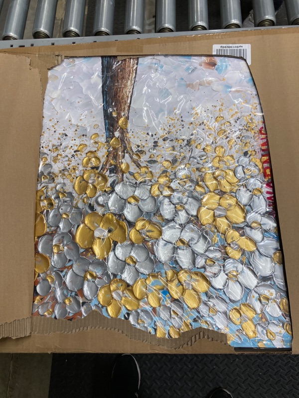 Photo 1 of ART8YUQI Art - Contemporary Abstract Art Oil Painting On Canvas Texture 3D Silver - Golden Flower painting Handmade Artwork Picture Canvas Wall Art Modern Home Decor living room Ready to Hang 24x48inch