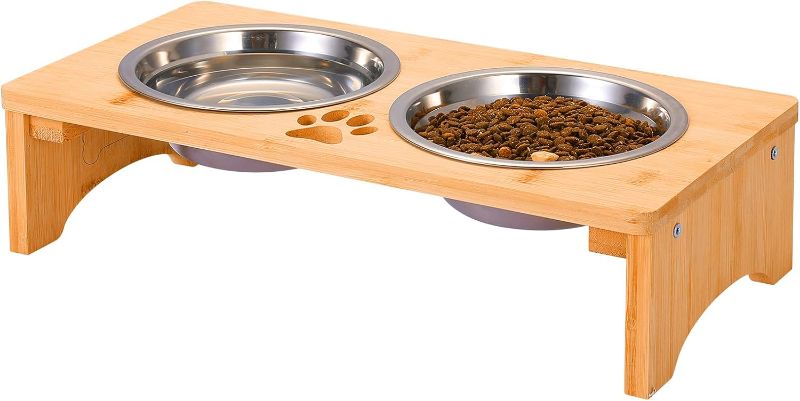 Photo 3 of Elevated Dog Bowls,Bamboo Dog Bowl Stand,Raised Dog Bowls for Small Dogs,Dog Food Bowls,Non-Slip Dog&Cat Feeder with 2 Stainless Steel Food&Water Bowls,4" Tall (Waterproof Wooden)