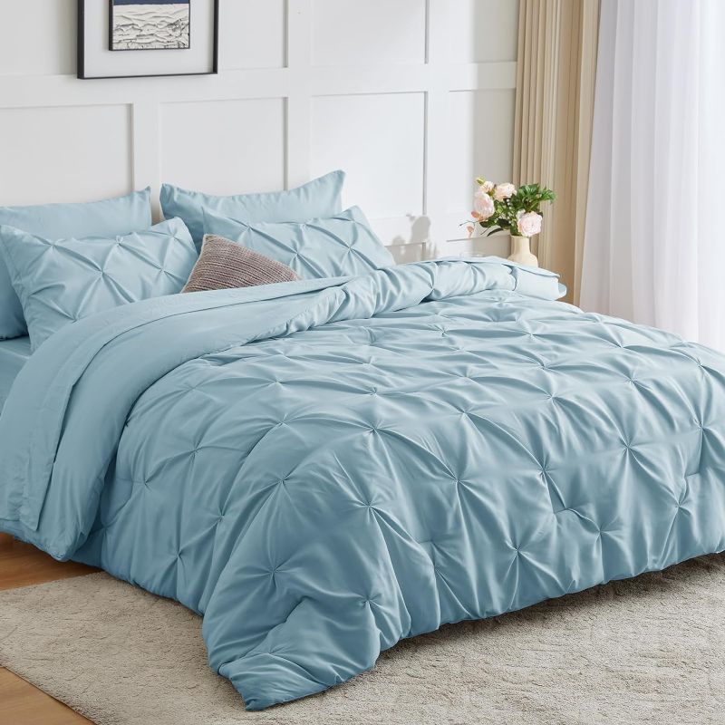 Photo 3 of CozyLux Queen Comforter Set - 7 Pieces Comforters Queen Size Light Blue, Pintuck Bed in A Bag Pinch Pleat Bedding Sets with All Season Comforter, Flat Sheet, Fitted Sheet and Pillowcases & Sham