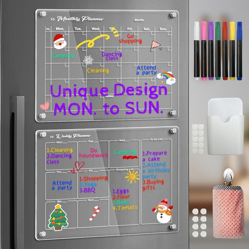 Photo 1 of 
Nariolar Magnetic Acrylic Calendar for Fridge, Set of 2 16"x12" Clear Dry Erase Board of Monthly & Weekly Planner Includes 7 Colorful...