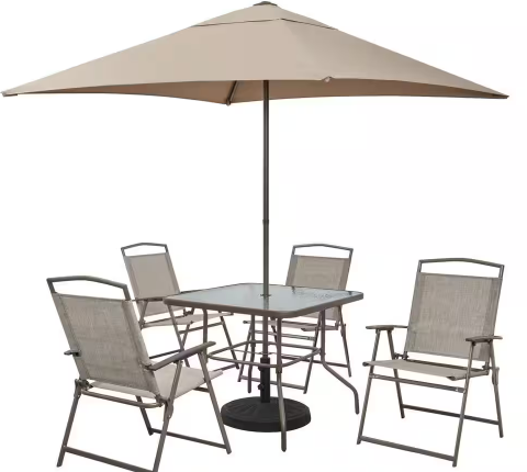 Photo 1 of ***FOR PARTS, OR CHAIRS, SEE NOTES*** Amberview 6-Piece Steel Square Outdoor Dining Set in Brown with Umbrella