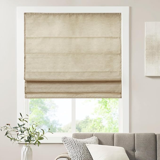 Photo 1 of Madison Park Cordless Roman Shades - Fabric Privacy Single Panel Darkening, Energy Efficient, Thermal Insulated Window Blind Treatment, for Bedroom, Living Room Decor, 33x64, Como, Taupe