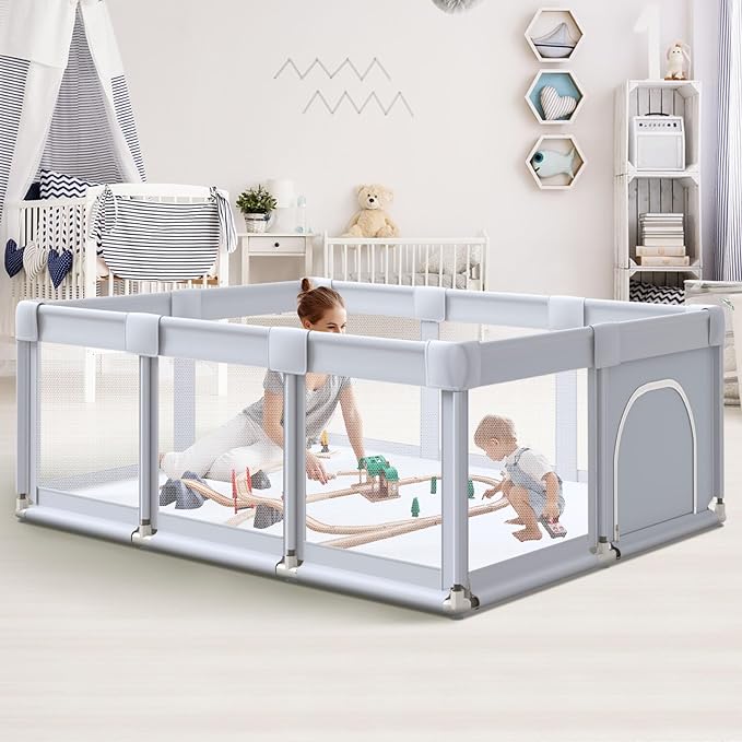 Photo 1 of Baby Playpen 74"x50" Play Pens for Babies and Toddlers, Large Play Yards for Indoor & Outdoor with Zipper Gates, Breathable Mesh with Mat Dark gray 74IN*50IN + MAT