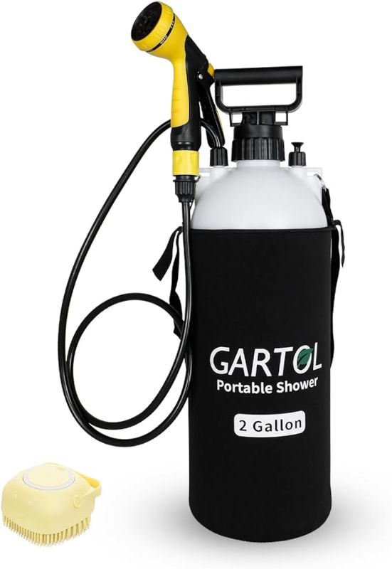 Photo 1 of GARTOL 2 Gallon Portable Shower with Handheld showerhead, Silicone Bath Massage Brush, and thermal insulation bag, High-Pressure Camping Shower, Surf Shower, Dog Shower, Camp shower Sprayer