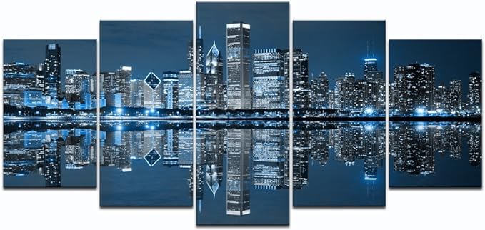 Photo 1 of LevvArts Chicago Canvas Wall Art Chicago Skyline Picture Painting Blue City Night Decoration for Office Living Room  (Medium)