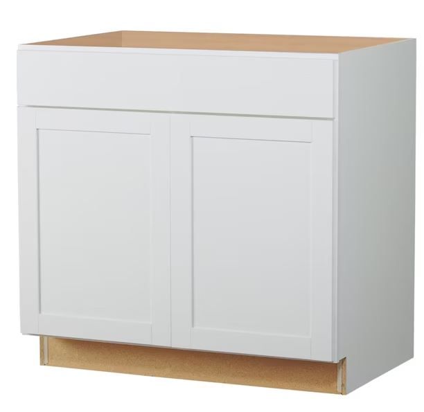 Photo 1 of 36-in W x 35-in H x 23.75-in D White Sink Base Fully Assembled Cabinet (Recessed Panel Shaker Door Style)
