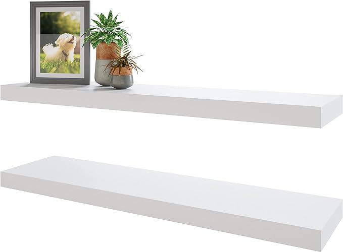 Photo 1 of BAMEOS Floating Shelves, White Wall Mounted Wooden Shelves with Invisible Brackets Set of 2, Hanging Wall Shelves Decoration for Bedroom, Bathroom, Living Room and Kitchen