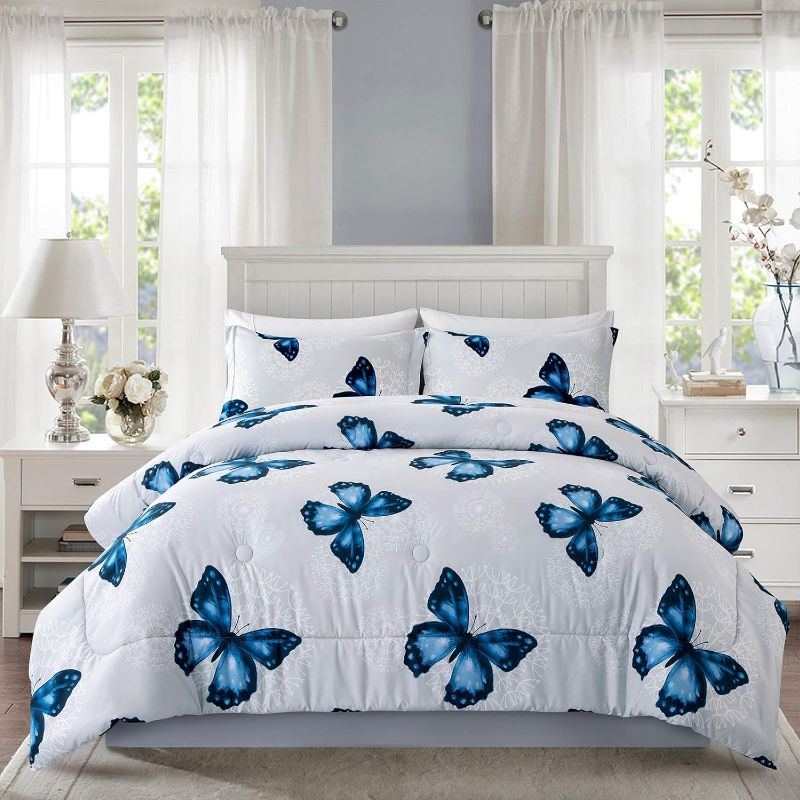 Photo 1 of ARTALL Lightweight Microfiber 3 Piece Comforter Set with 2 Shams, Butterfly Pattern Bedding Set, Full/Queen, Blue