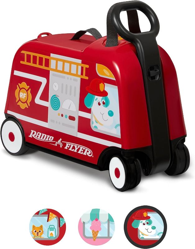 Photo 1 of Radio Flyer 3-in-1 Happy Trav'ler Fire Truck with Lights & Sounds Ride on Toy, Toddler Carry-On Storage, Ages 2-5 Years