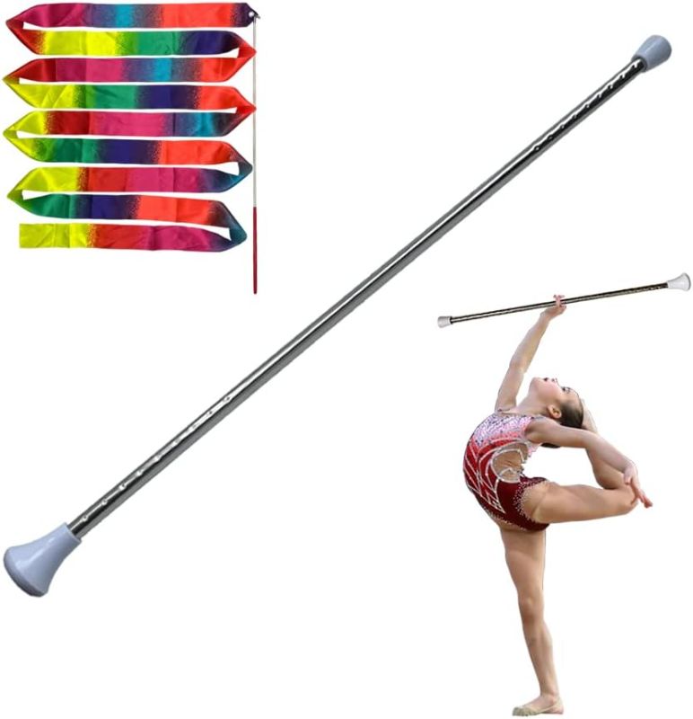 Photo 1 of 24-Inch Twirling Baton Spinning Dance Baton Metal Rhythmic Gymnastics Conducting Batons for Child in Majorette-Complete with 1 Dance Ribbon Rainbow Streamer (White,1 Pack)