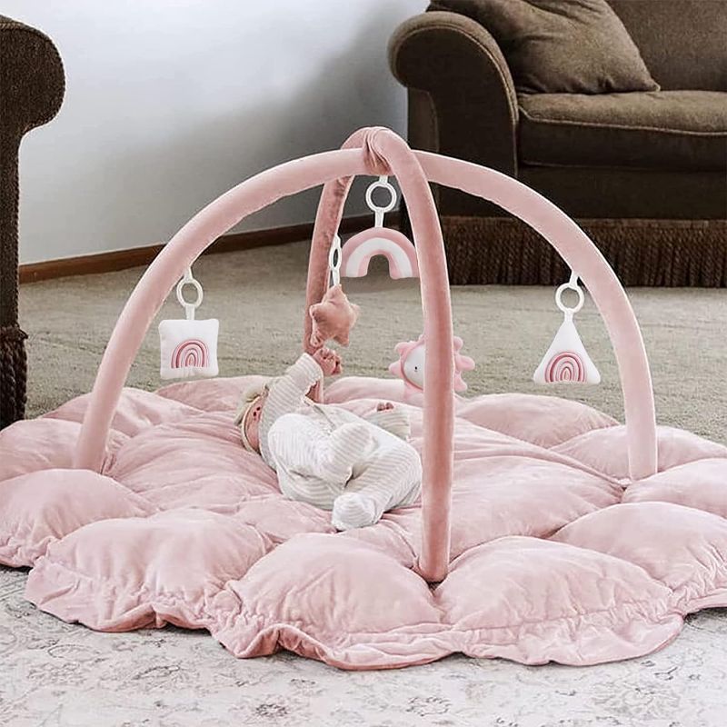 Photo 1 of 5-in-1 Convertible Baby Play Gym with 6 Toys, Tummy Time Mat for Sensory Development, Baby Activity Center from Newborn to Toddler, Ball Pit, Cat & Dog Bed, Soft Plush Pet Bed, Pink