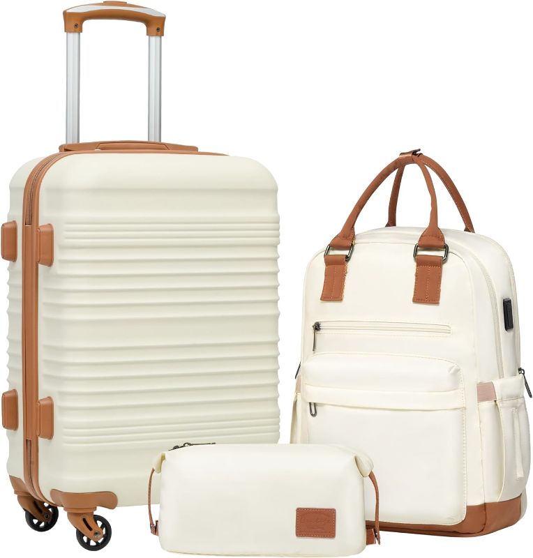 Photo 1 of Coolife Luggage Set 3 Piece Luggage Set Carry On Suitcase Hardside Luggage with TSA Lock Spinner Wheels(White, 3 piece set (BP/TB/20))