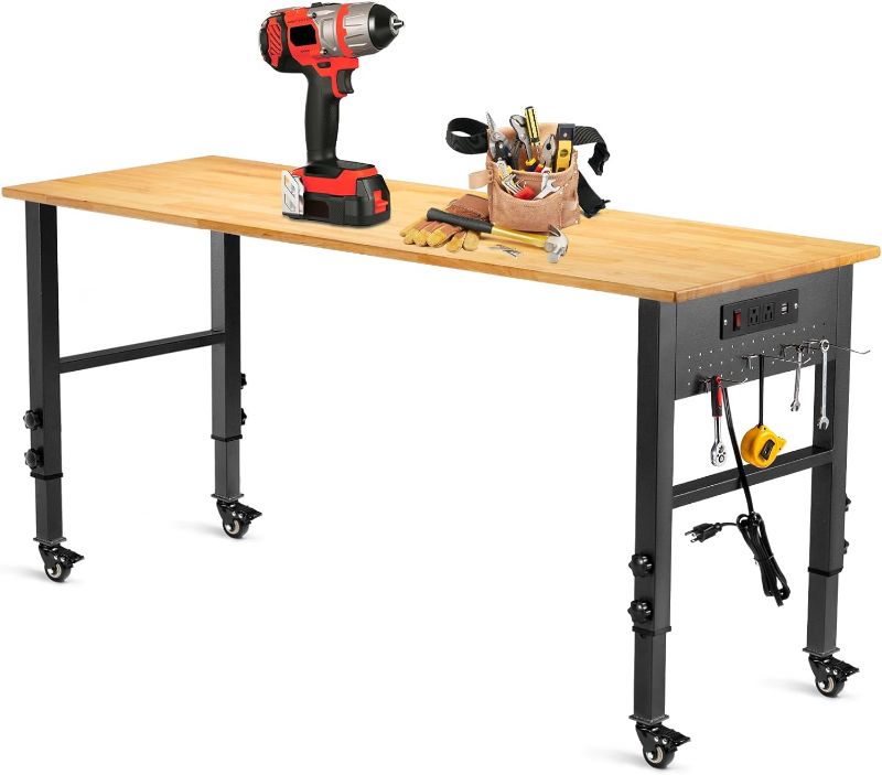 Photo 1 of 60 "Adjustable Workbench with Power Outlet, Heavy Duty 2000 LBS Load Capacity Hardwood Workbench Suitable for Workshop, Office, Garage, Home with Wheels