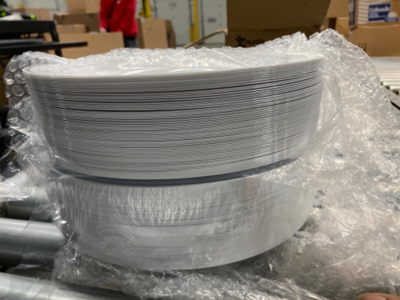 Photo 3 of 100PCS Silver Plastic Plate, 10.25 Inch Disposable Dinner Plate Party with Silver Rim, Heavy Duty Disposable Plastic Plates for Party, Wedding and Birthday