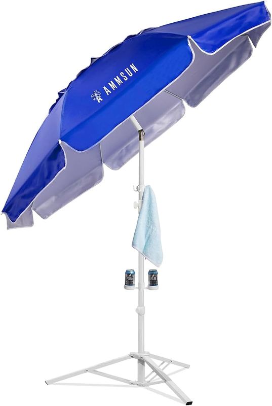 Photo 1 of AMMSUN Portable Umbrella with Stand, 6.5ft Sun Shade Umbrella with Stand, Premium Lightweight Standing Umbrella for Sporting Games, Instant Sun Protection Patio Umbrella, Easy to Carry, Blue