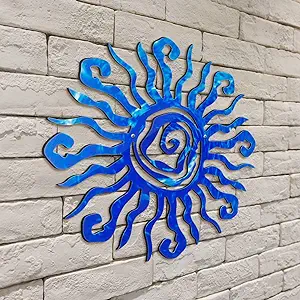 Photo 1 of 12 Inch Outdoor Wall Art Decor Wacky Large Sun Wall Art Decor Copper Wall Art Sun Metal Wall Decor Pool Decorations for Home Bedroom Living Room Office Garden (Blue)