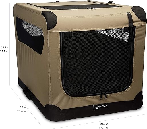 Photo 1 of Amazon Basics 2-Door Portable Soft-Sided Folding Soft Dog Travel Crate Kennel, Medium (29.92 x 21.3 x 21.3 Inches), Tan