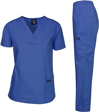 Photo 1 of COZYFIT Scrubs for Women Set - Stretch V-Neck Scrub Top & Jogger Pant with 8 Pockets Royal Blue Small