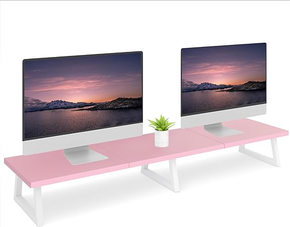 Photo 1 of TEAMIX 42 inch Pink Monitor Riser for 2 Monitors, Wood Desktop Dual Stand with Metal Legs, Long Screen/PC/Laptop Storage,Computer Shelf TV Holder Home Office