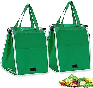 Photo 1 of 2Pack Reusable Grocery Bags Shopping Trolley Bags, Green Non-woven Tote Bags with Handles, Collapsible Grab and Go Bag Clip on Shopping Cart 